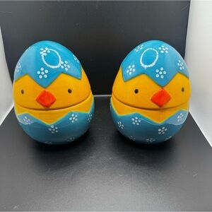 Temptations 5 1/2 inch Chick Egg Ceramic Containers - Blue and Orange Easter